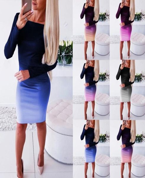 

lady elegant dress womens new long sleeve stretch bodycon plain dress long tunic gradient dresses clothes2917828, Black;gray