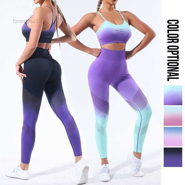 

new gradient seamless yoga set strap bra sports women's hip lift high waist pants gdrf
