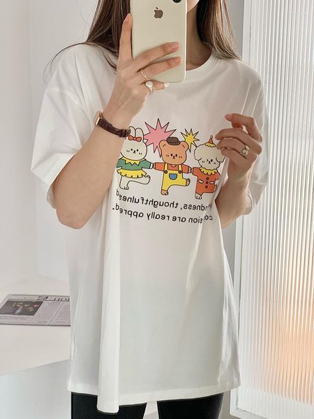 

women's t shirts short sleeve women's cotton cartoon tee 2023 spring summer round neck loose fit casual oversize shirt large size, White