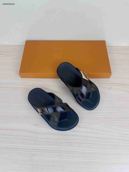 

designer slides fashion kids sandals metal logo decoration baby slippers size 26-35 summer child shoes box packaging june25, Black;grey