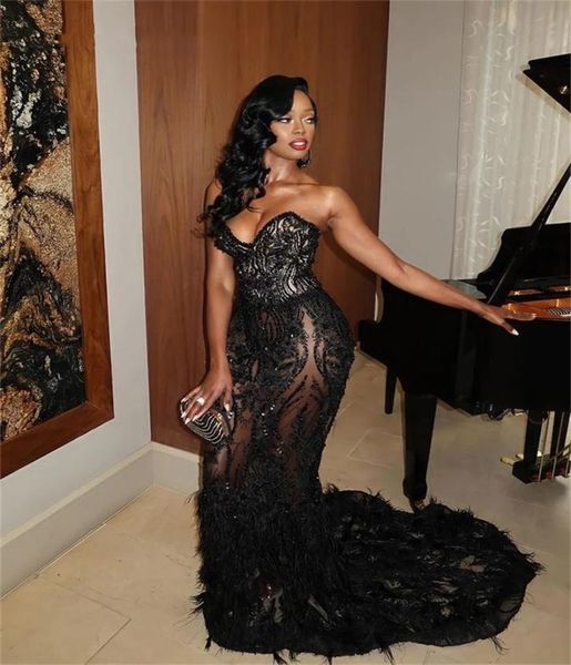 

elegant black lace mermaid prom dresses with feathers 2022 sweetheart neck plus size beaded formal evening occasion gowns for arab9418441