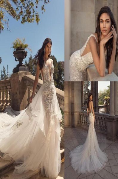 

julie vino mermaid wedding dress with detachable train v neck appliqued beaded bridal gown backless ruffle lumbar vestidos de novi6962928, White