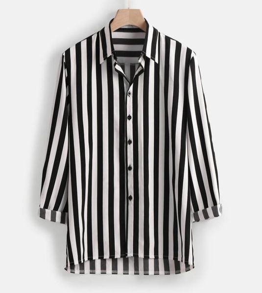 

long sleeve casual button down dress men vertical striped shirt lapel striped slim fit mens shirts2098612, White;black
