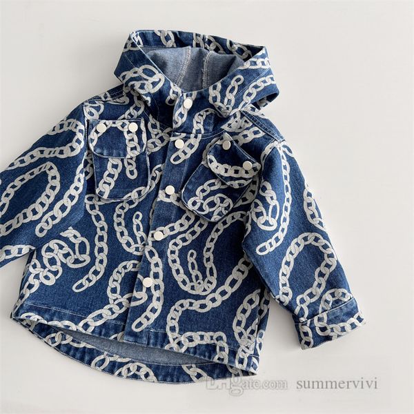 

children chain printed denim jacket boys girls hooded long sleeve outwear 2023 autumn kids all-matching casual z3525v, Blue;gray