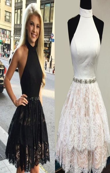 

high neck halter lace homecoming dresses satin crystal beaded sash black white backless cocktail dresses short prom dresses5265989, Blue;pink
