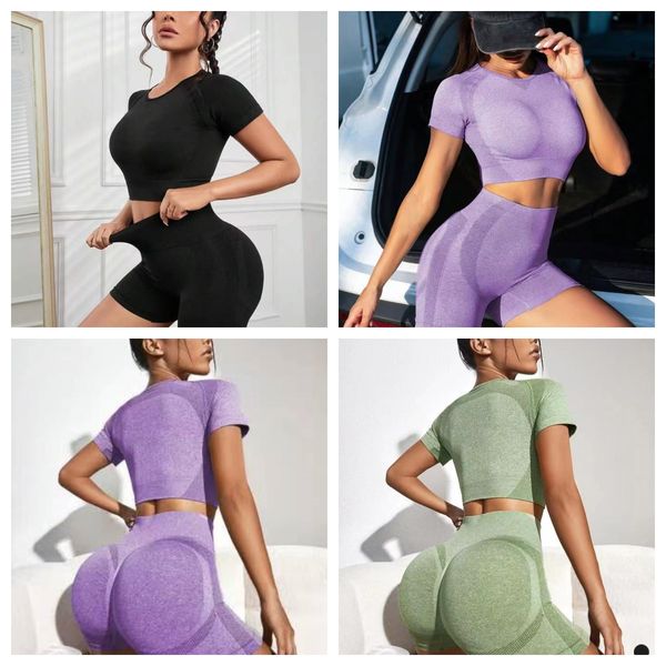 

2023 new seamless cross-border bare navel solid color t-shirt yoga suit hip-lifting short-sleeved shorts yoga clothes female europe, White;red