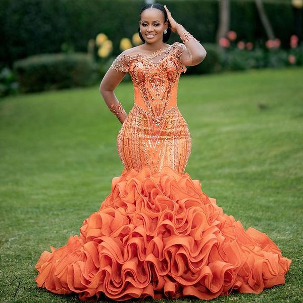 

2023 august aso ebi orange mermaid prom dress beaded crystals evening formal party second reception birthday engagement gowns dresses robe d, Black