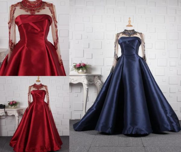 

vinage arabric high neck long sleeves illusion ball gown evening formal dress gowns for women plus size navy burgundy satin hollow7281160, Black;red