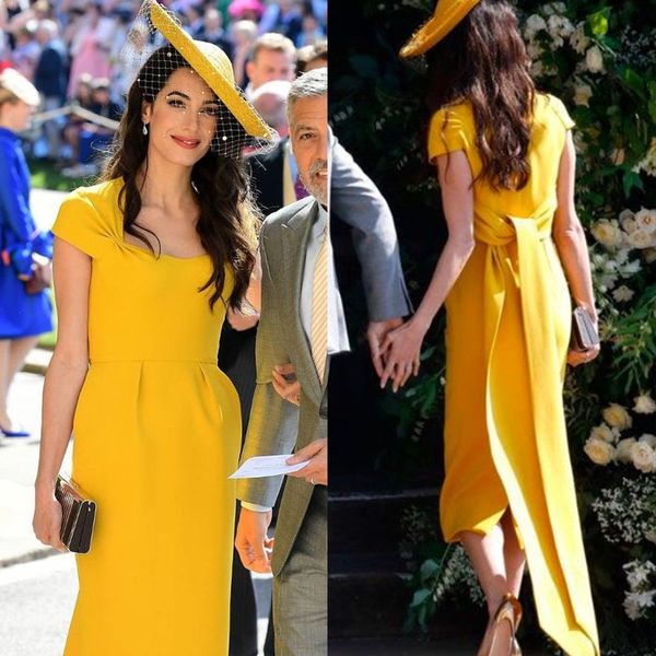 

elegant yellow sheath mother dresses tea length formal wedding party gowns short sleeves vintage satin evening gowns for women 2023, Black;red