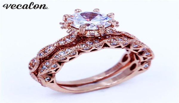 

vecalon vintage jewelry women ring set 3ct diamonique cz rose gold filled 925 silver anniversary wedding ring for women men5014473, Slivery;golden