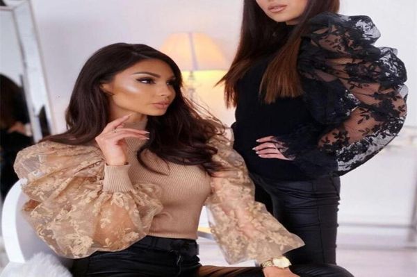 

korean solid color lace floral sweater women basic mesh puff sleeve slim jumper office ladies elastic pullovers 93051568349, White;black