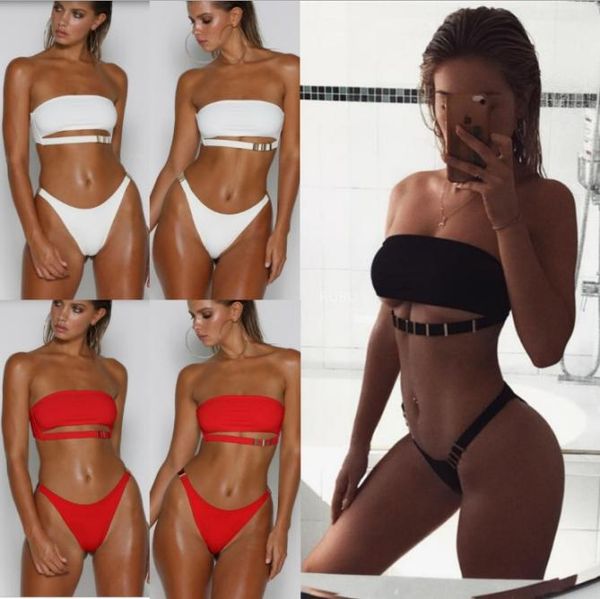

summer girls fashion black white red bikini metail detailed two piece sets swimsuits8283272, White;black