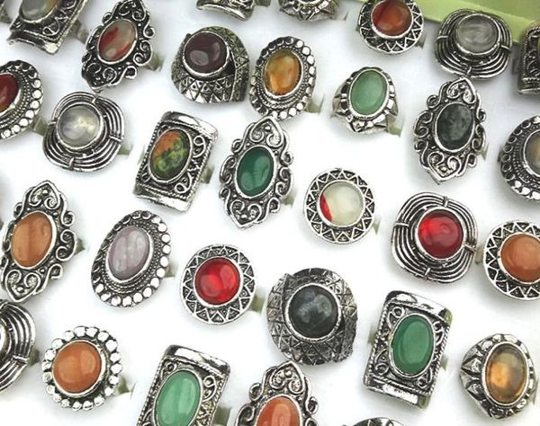 

10pcs whole jewelry lots mix natural stones antique silver plated women mens adjustable vintage rings a1527703613, Golden;silver