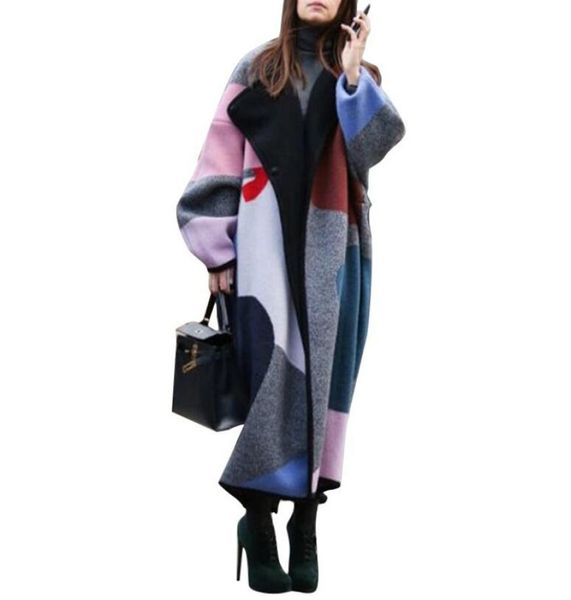 

winter coat women wide lapel digital printing wool blend coat oversize long trench colorful outwear wool women7998048, Black