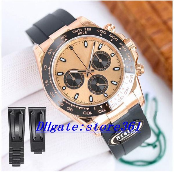

clean watch 4130 automatic men watches 40mm rubber strap meteorite dial yellow gold mens watch screw-down back crown push buttons triplock t, Slivery;brown