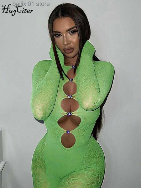 

women's jumpsuits rompers mesh long sleeve solid hollow out heart crystal see through jumpsuit 2023 spring y2k slim party nightclub rom, Black;white