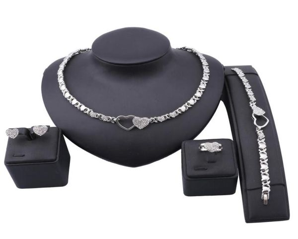 

women african beads jewelry sets heart crystal necklace earring ring bracelet gold color statement party jewelry set2101850, Slivery;golden