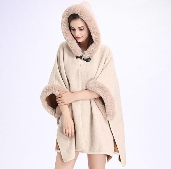 

fxfurs fashion elegent imitation rex fur cape coat hooded cashmere shawl long loose parka cloak women 2020 winter new2631573, Black