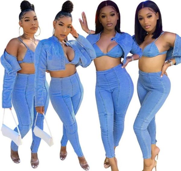 

autumn winter denim women039s set two piece set denim jacket pencil jeans pants suit tracksuit matching outfit5877517, Gray