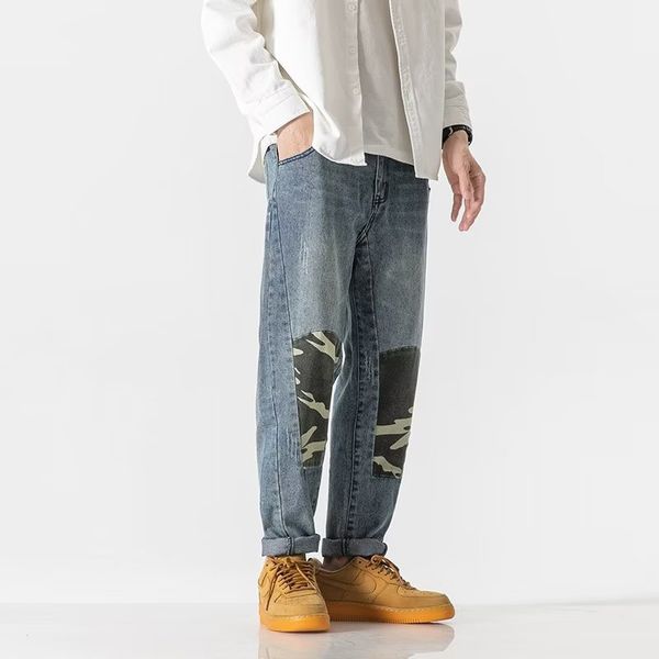 

new men's light slightly loose camouflage patchwork distressed jeans, Blue