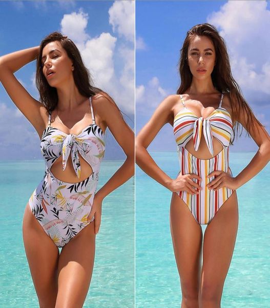

2020 summer new print leaf stripe swimsuit one piece high waist swimming suit for women bandage hollow out swimsuit one piece9039757, White;black