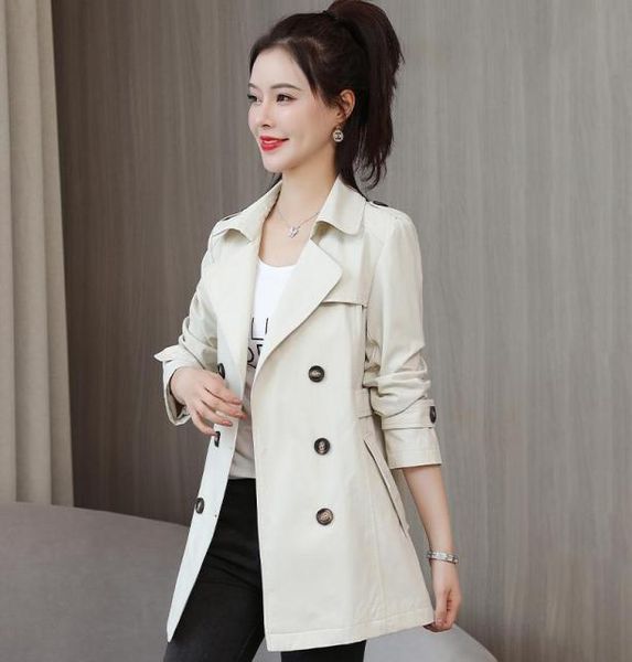 

women039s trench coats ftlzz spring autumn women casual double breasted long sleeve office lady turndown collar solid short ja1488765, Tan;black
