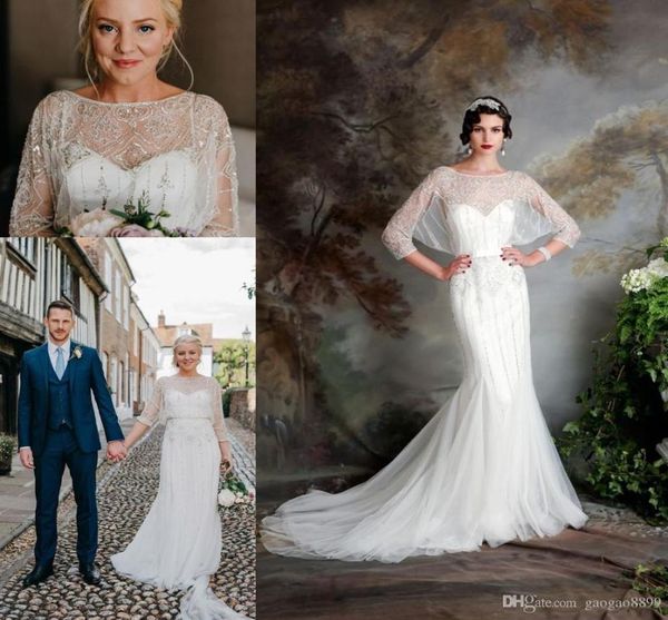 

great gatsby vintage luxury country wedding dresses 2019 modest jenny packham half sleeve beaded mermaid bridal gowns eliza jane h6379382, White