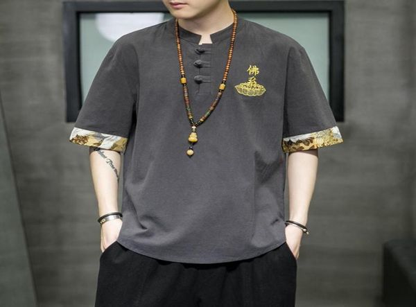 

men039s tshirts embroidered chinese characters short sleeve t shirt men summer quality cotton linen oversized stand collar cam8495880, White;black