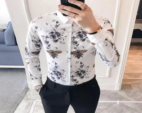 

desinger print shirt men korea slim fit long sleeve camisa masculina chemise homme social dress party club shirts8724896, White;black