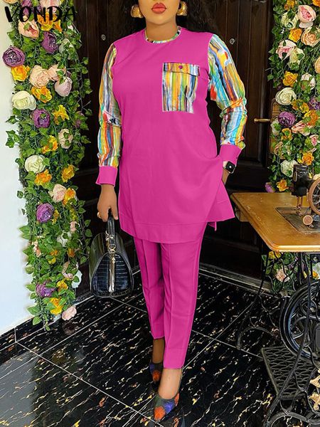 

women's two piece pants vonda fashion women pant sets bohemian printed long sleeve o-neck and elastic waist pants casual loose matching, White