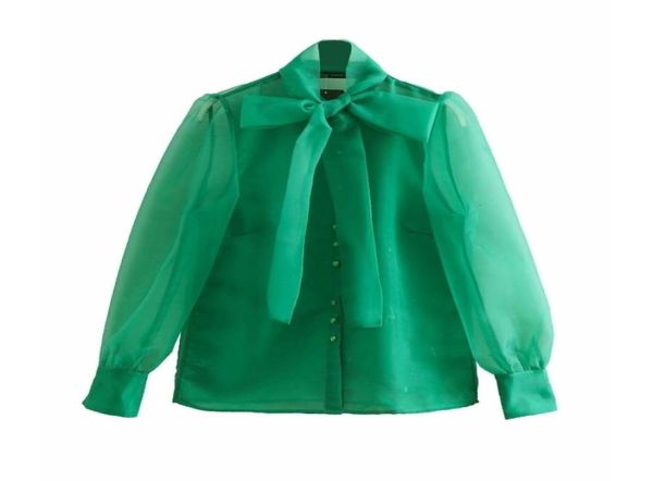 

women high street bow collar transparent organza green smock shirt blouses women long sleeve buttons blusas chemise ls3233 y18357365, White