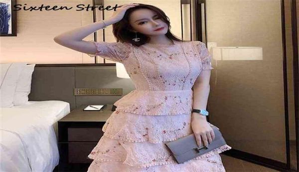 

pink lace embroidery maxi dress female summer short sleeve high waist ruffle elegant long party dresses woman 2106037492971, Black;gray