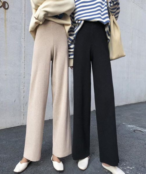 

2019 korean women trousers autumn winter knitted wide leg pants elastic high waist female casual loose pant8343914, Black;white