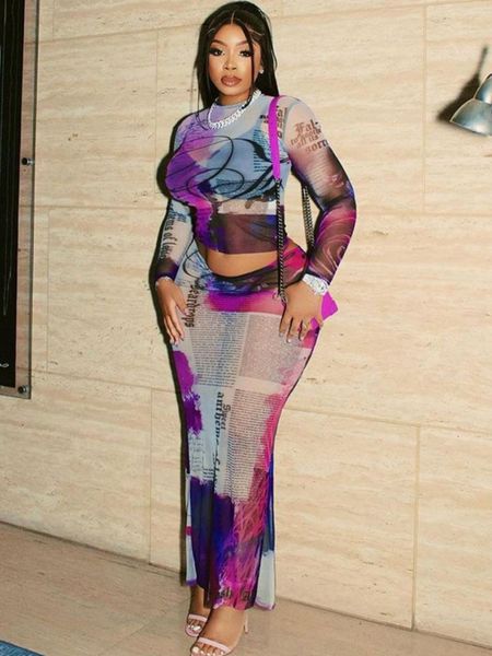 

two piece dress and skirt set see through rave outfit round neck party outfits for women print night club hip wrap fashion slim fit 230817, White