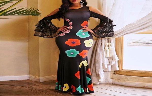 

clocolor long party dress women elegant floral printed black off shoulder mesh bodycon mermaid evening ruffle sleeve maxi dress y23409697, White;black