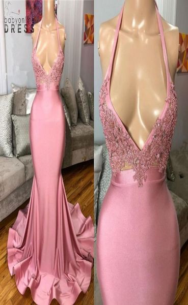 

pink mermaid prom dresses halter neck backless appliques sequined ruffles long train evening gowns women occasion vestido5673363, Black