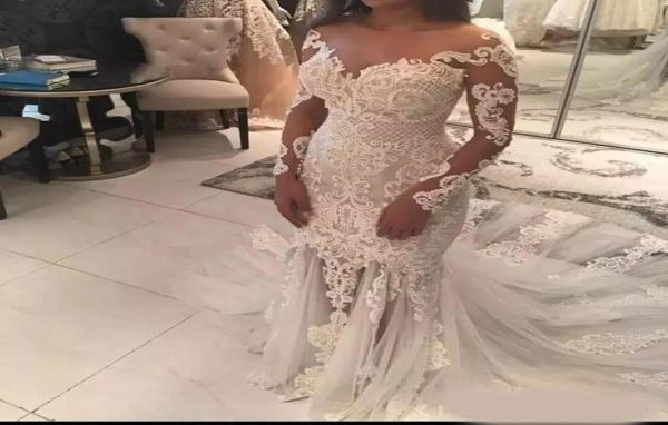 

mermaid lace wedding dresses with sheer neckline appliques illusion long sleeves wedding dress see through tulle long train b6308698, White