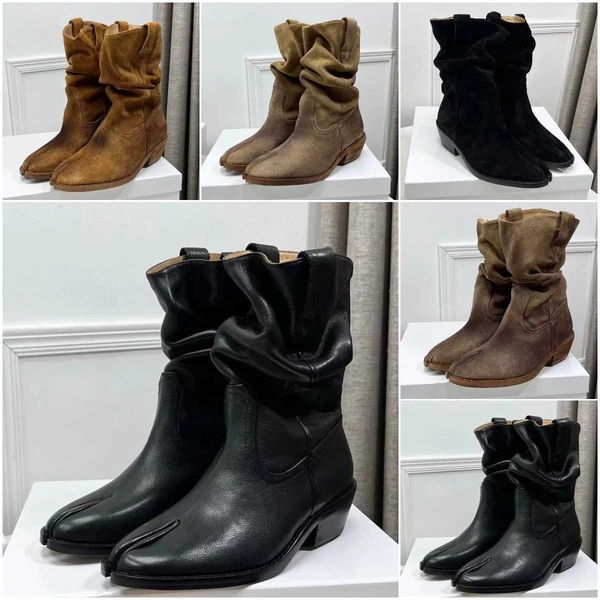 

boots tabi western cowboy boots luxury designer women autumn and winter styles calf leather high mercerized suede mm6 fashion leather spike, Black