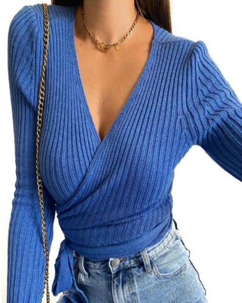 

women039s tshirt female t shirts v neck knitwear wrap blouse solid color long sleeve slim ribbed allmatch9199795, White