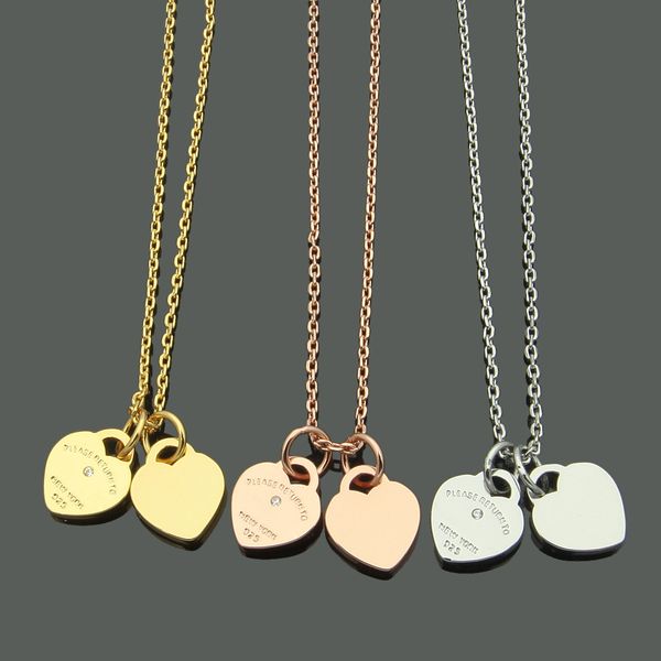

new arrive design heart love necklace for woman t letter 2 heart necklace stainless steel accessories zircon jewelry gift, Silver