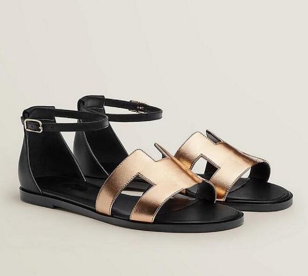 

elegant designer santorini sandals flat women sandals genuine leather luxury shoes fashion calfskin flats classic buckle open toe outdoor be, Black