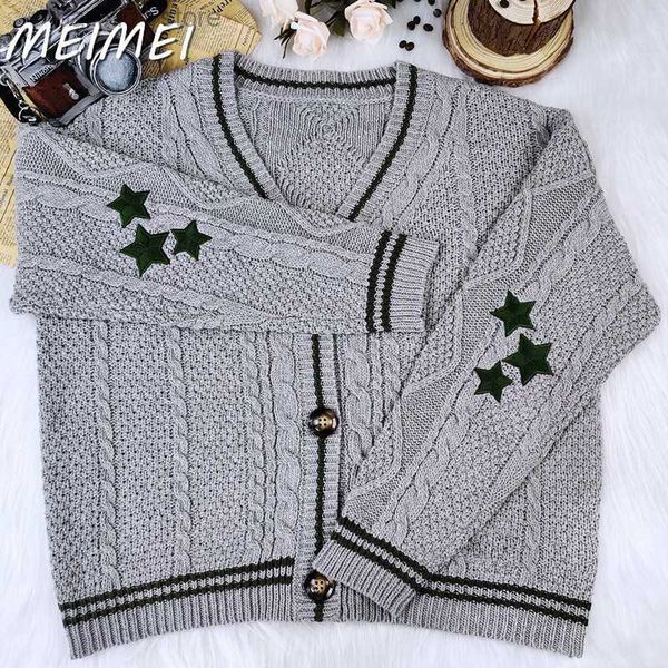 

women's sweaters 2023 autumn winter new v neck single breasted stars embroidery women sweater cardigan casual solid long sleeve knitted, White;black
