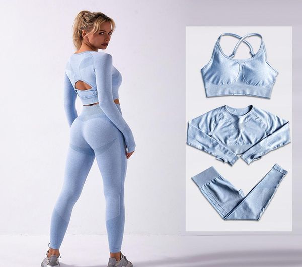 

23pcs seamless yoga sets women gym clothes workout sportswear long sleeve bra high waist leggings set running sport suits y119500411, Gray