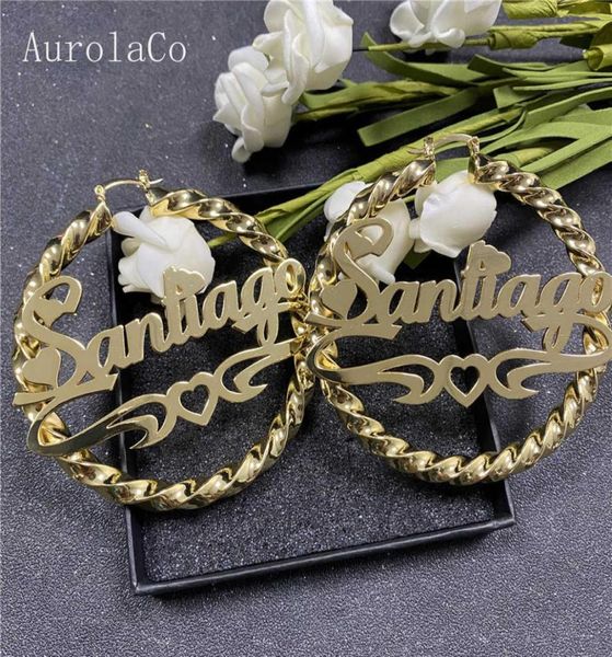 

aurolaco 3090mm custom name earrings big hoops stainless steel hip hop style for women gift 2109242792499, Golden;silver