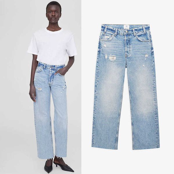 

women fashion designer wide-legged pants anines bings casual high waisted washed with water torn holes worn-out cropped loose classic denim, Blue