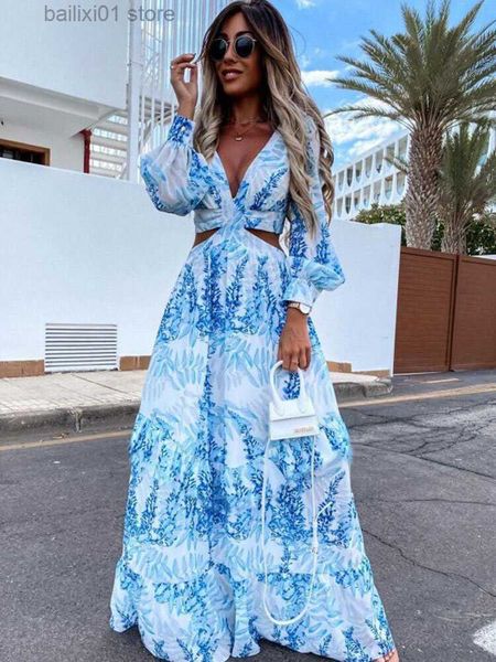 

basic casual dresses summer boho cut out v-neck maxi dress women floral print vintage long sleeve dress 2023 beach holiday chic dress t23081, Black;gray