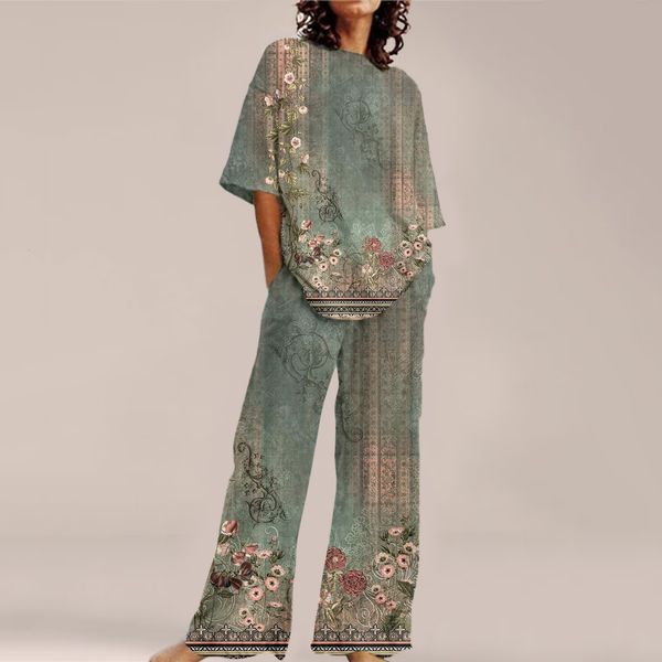 

womens two piece pants summer women print loose sets round neck short sleeve wide leg suits causal streetwear elegant office 230817, White