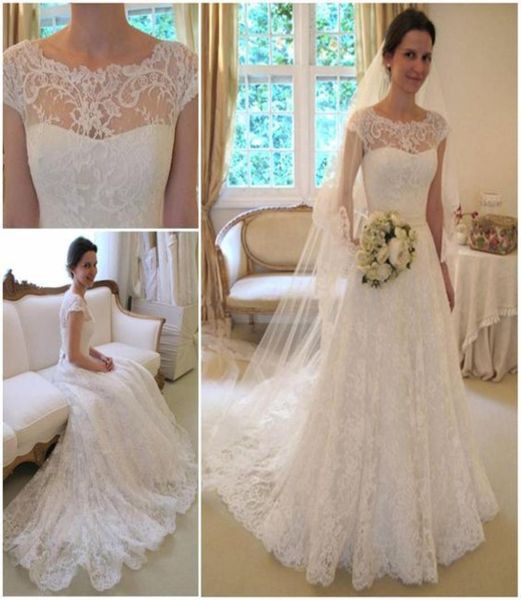 

vintage lace wedding dresses cap sleeve jewel bridal dress robe de mariage simple wedding gowns vestidos de novia covered buttons3677243, White