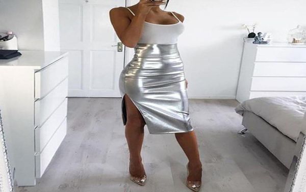 

skirts women clothes 2021 fashion solid slim high waist push up hip bright leather fork skirt drop arrival9544855, Black