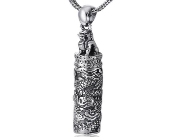 

990 sterling silver vintage memorial thai silver ancient bottle jewelry dragon design punk mens pendant holder ash urn necklace5220197
